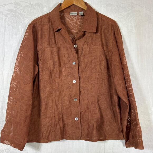 Chicos Button Up 2 Large Brown Sheer Abstract Linen Blend Jacket - Picture 1 of 13
